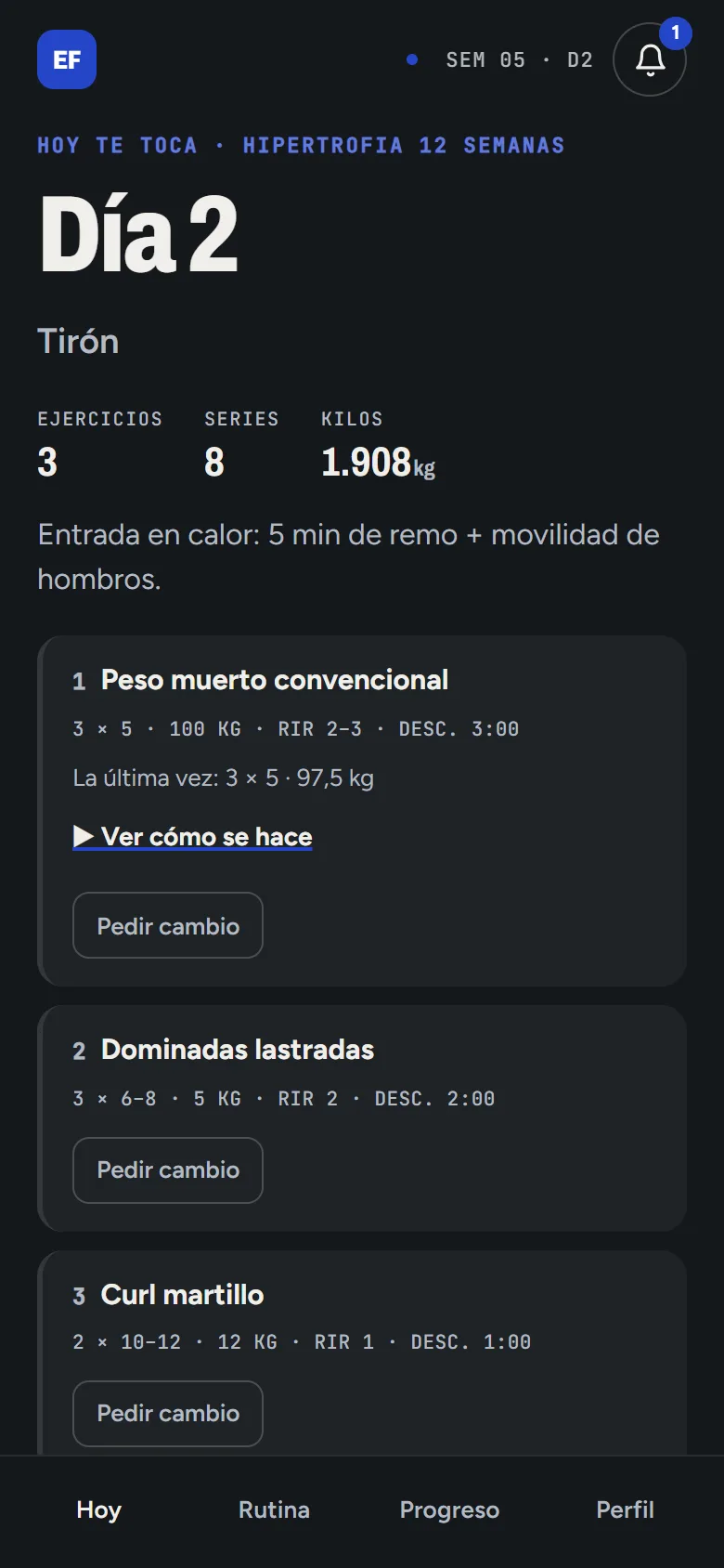La app del alumno: el día que le toca con ejercicios, series y kilos
